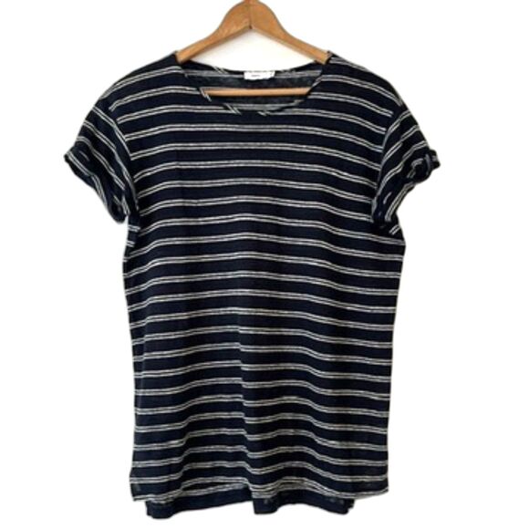 Vince Medium Navy White Striped Linen T-Shirt Roll Cuff Summer Nautical French - Picture 3 of 9